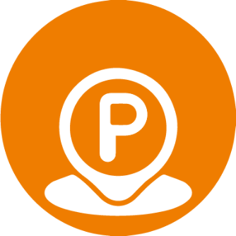 White map pin icon with a letter "P" inside, set against an orange circular background.