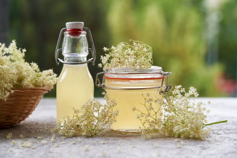 A glass bottle and jar filled with pale yellow elderflower cordial, a delightful nonalcoholic beverage, sit on a stone surface. Fresh elderflower blooms are artfully arranged on top. A wicker basket brimming with blossoms is in the background, set against a blurred green outdoor scene.