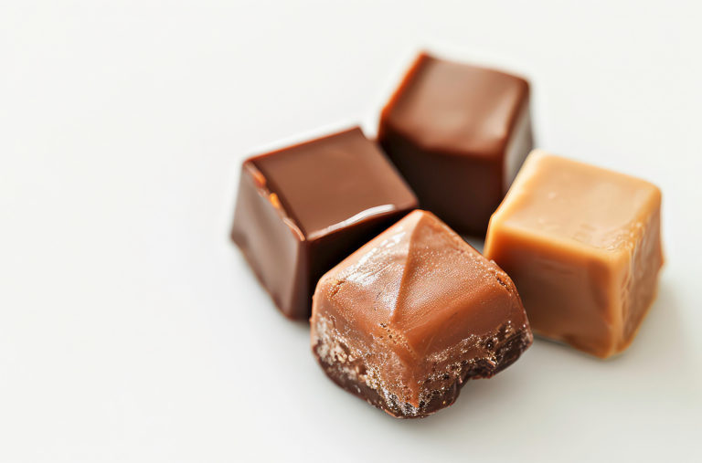 Four assorted chocolate and caramel candies are arranged on a white surface. The candies have smooth, glossy surfaces with varying shades of brown, from dark to light. The texture looks creamy and inviting.