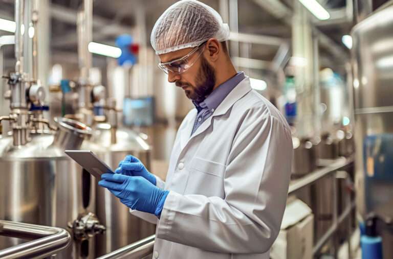 A system operator in a lab coat, hair net, and safety glasses uses a tablet in an industrial setting with metallic tanks and pipes. Wearing blue gloves, they are focused on the device, suggesting involvement in a scientific or manufacturing process.