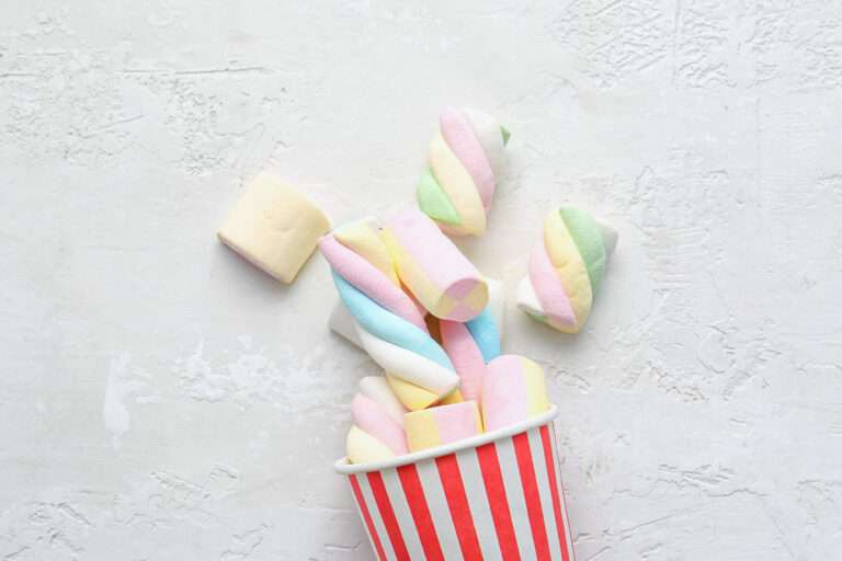 marshmellow in red white striped popcorn box - soft confectionery for sweet lovers