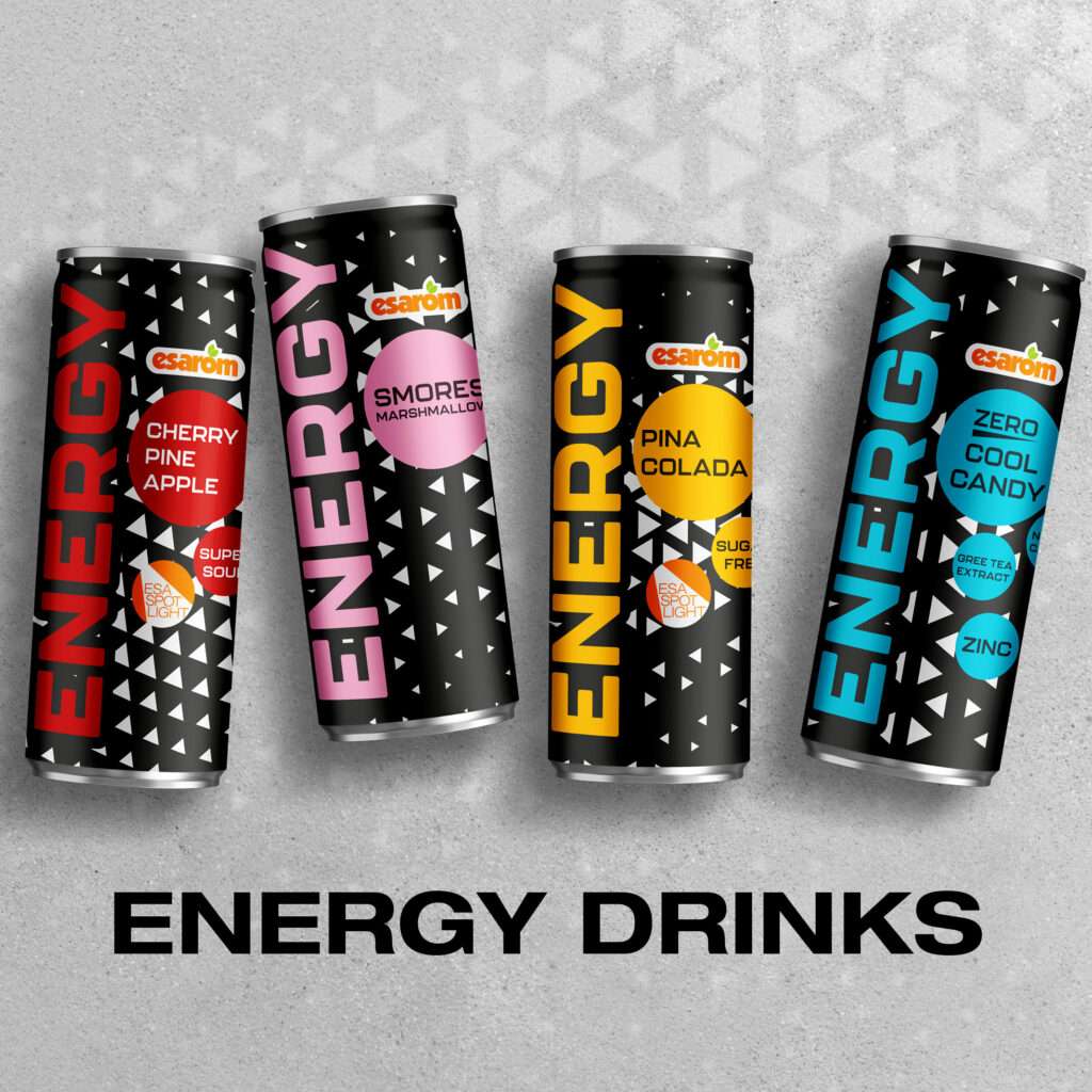 Four cans of prosweets energy drinks—Cherry Pineapple, S’mores Marshmallow, Piña Colada, and Zero Cool Candy—stand upright on a gray, textured surface. The words "ENERGY DRINKS" are displayed below.