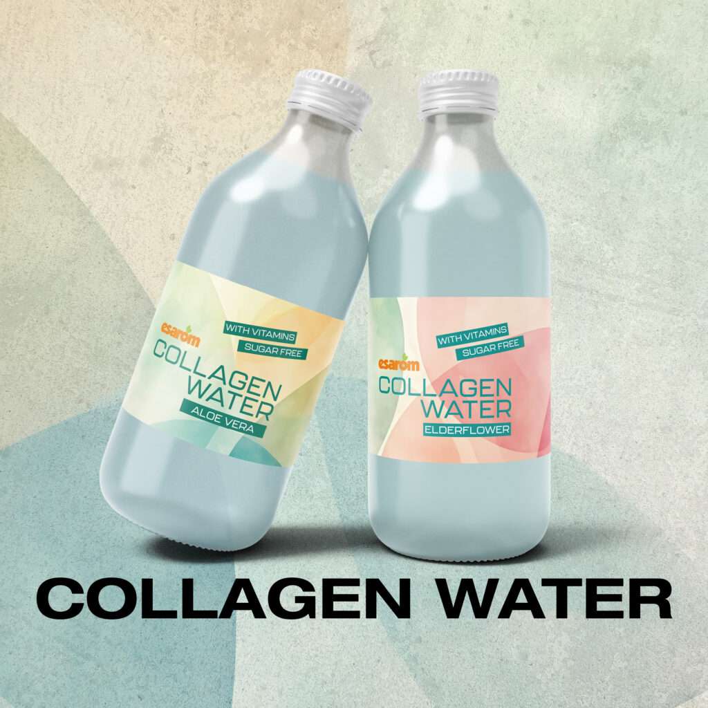 Two bottles of collagen water with clear liquid, labeled "Aloe Vera" and "Elderflower," rich in vitamins and sugar free. Pastel geometric shapes in the background evoke prosweets vibes. Large text reads "COLLAGEN WATER.