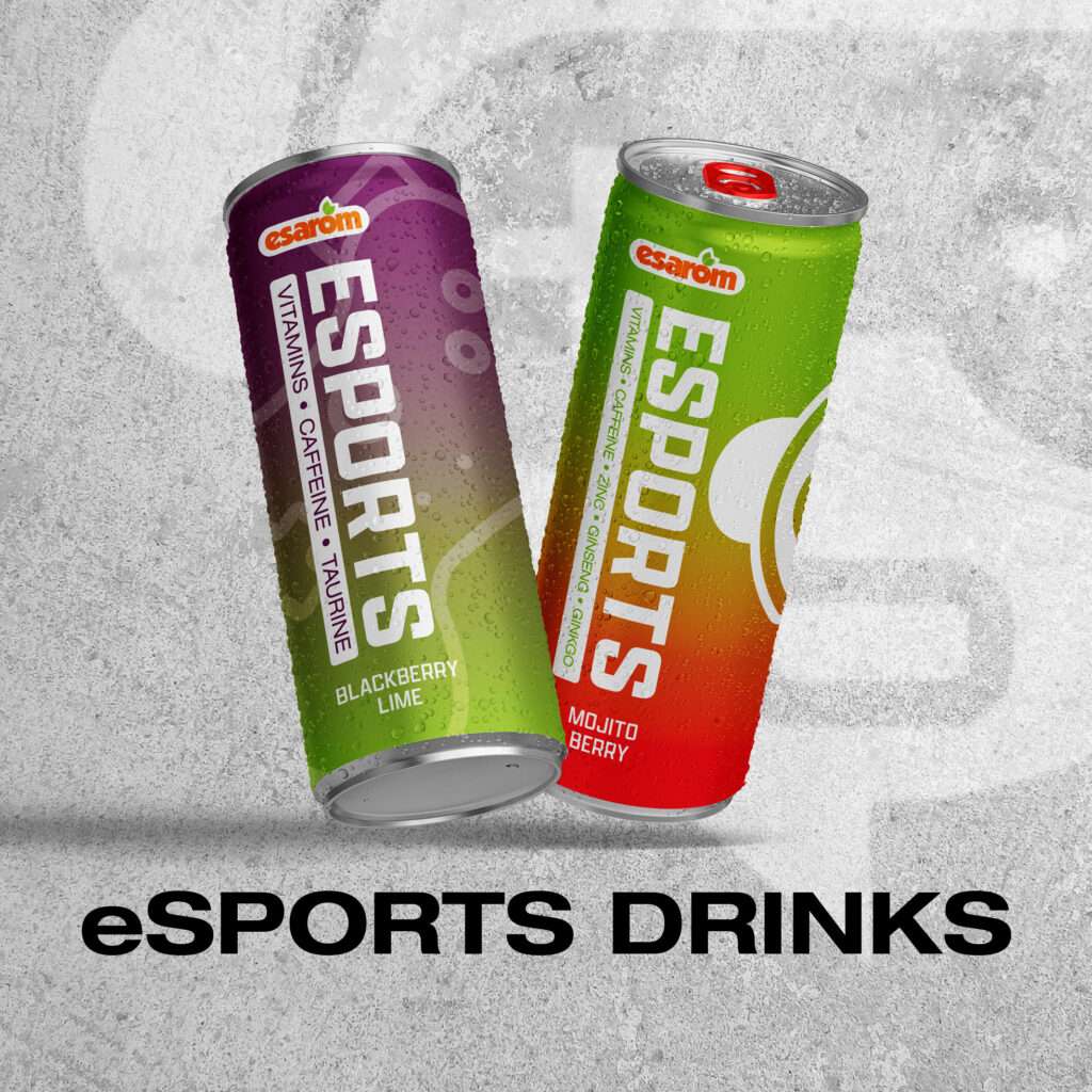 Two cans of eSport energy drinks, one blackberry lime (purple) and one mojito berry (green red), with condensation, stand on a textured gray background. Text below reads "eSPORTS DRINKS by prosweets.