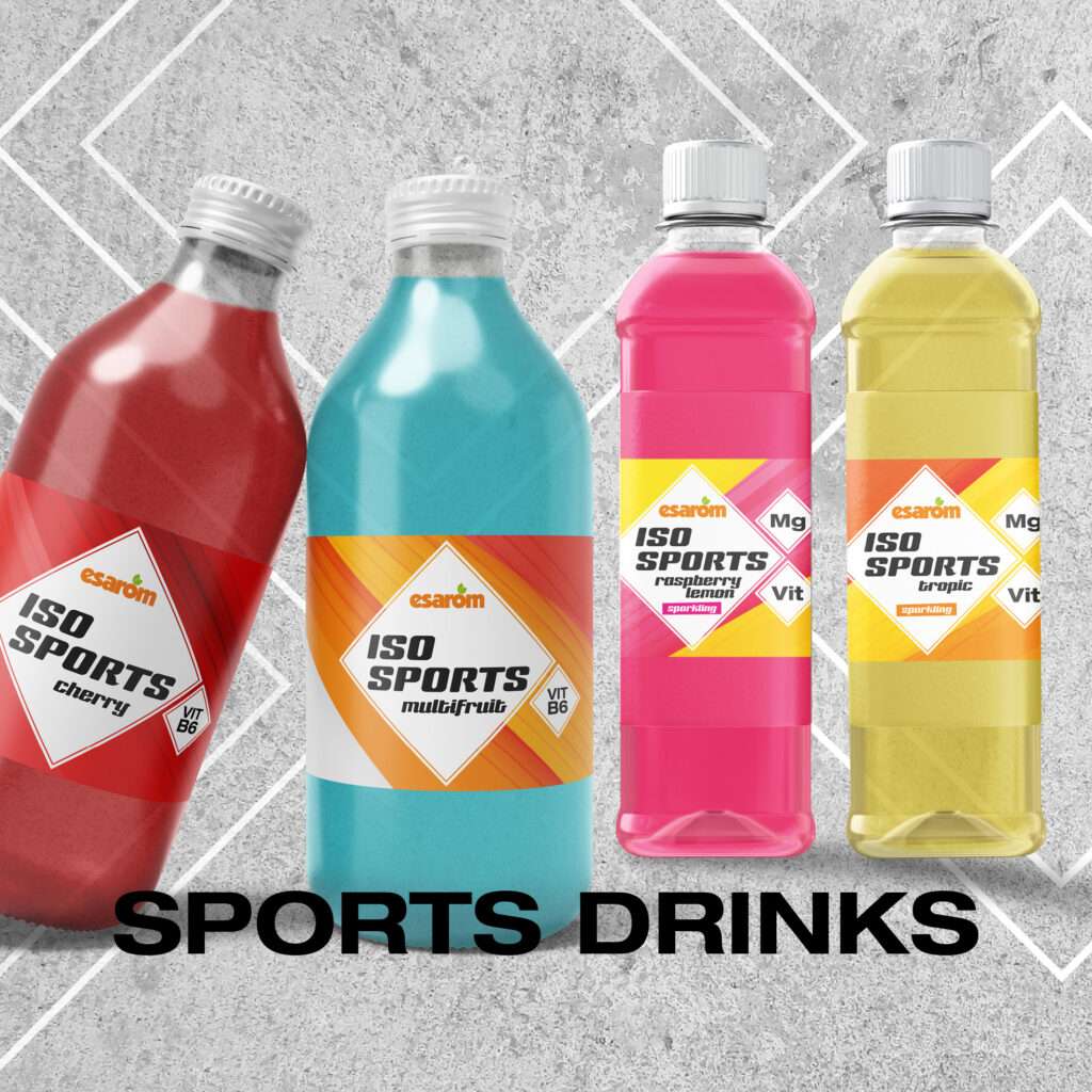 Four colorful bottles of esarom ISO Sports drinks in cherry, multifruit, raspberry, and orange flavors are showcased on a textured gray background at prosweets, with white lines and bold black text reading "SPORTS DRINKS" below the bottles.