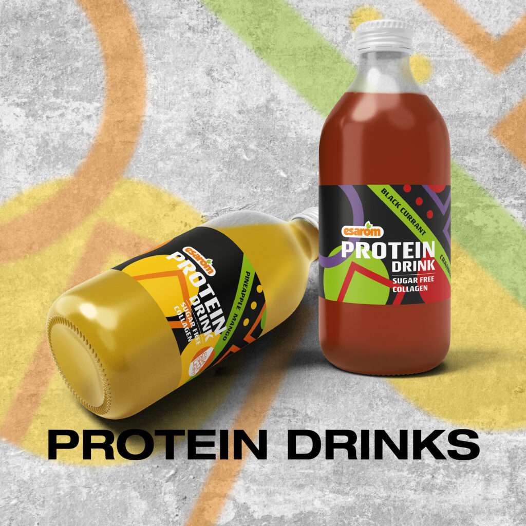 Two bottles of Esarom protein drinks on a surface with colorful abstract lines at prosweets; one yellow (24K Gold flavor) lying down, and one amber (Black Currant flavor) standing upright. Text reads "PROTEIN DRINKS.