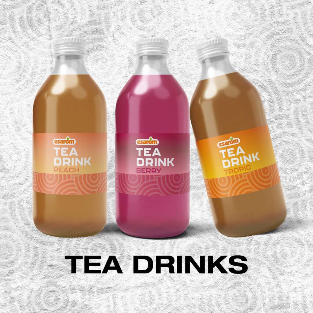 Three bottles of Csarom tea drinks—Peach, Berry, and Tropic—are displayed side by side against a textured white background, showcasing refreshing choices perfect for prosweets enthusiasts. "TEA DRINKS" is boldly printed below in black letters.
