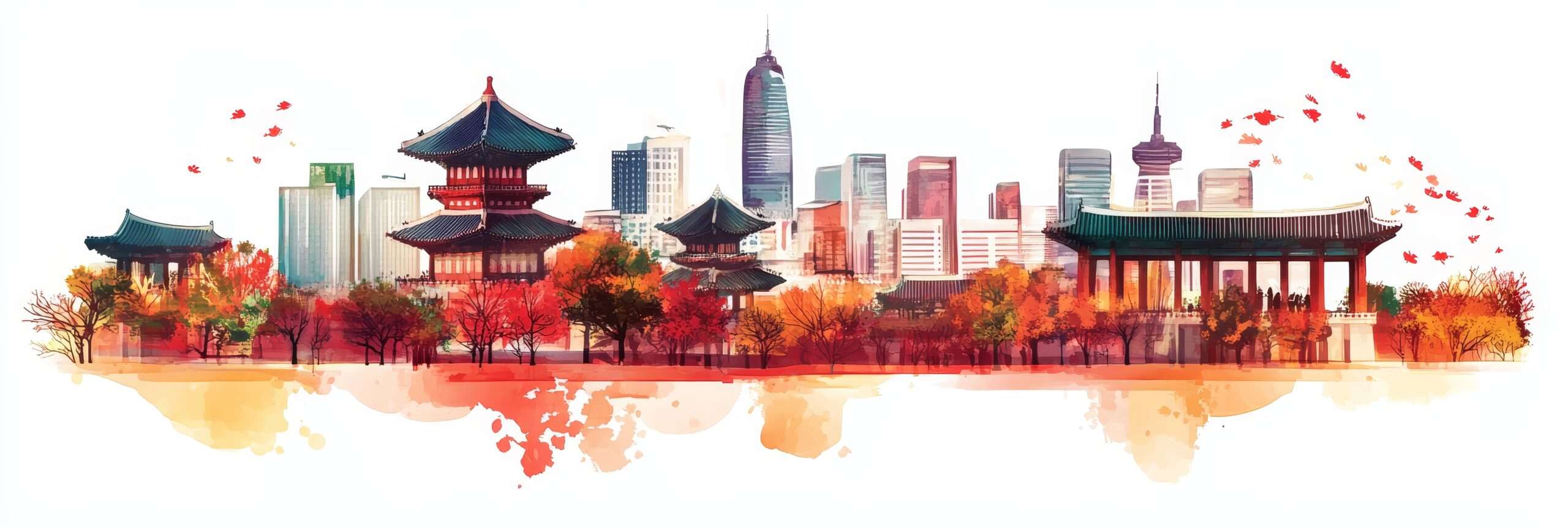 A vibrant cityscape blending traditional Korean temples with modern skyscrapers, surrounded by colorful autumn trees and soft watercolor effects, captures the esarom of the city's unique flavour.