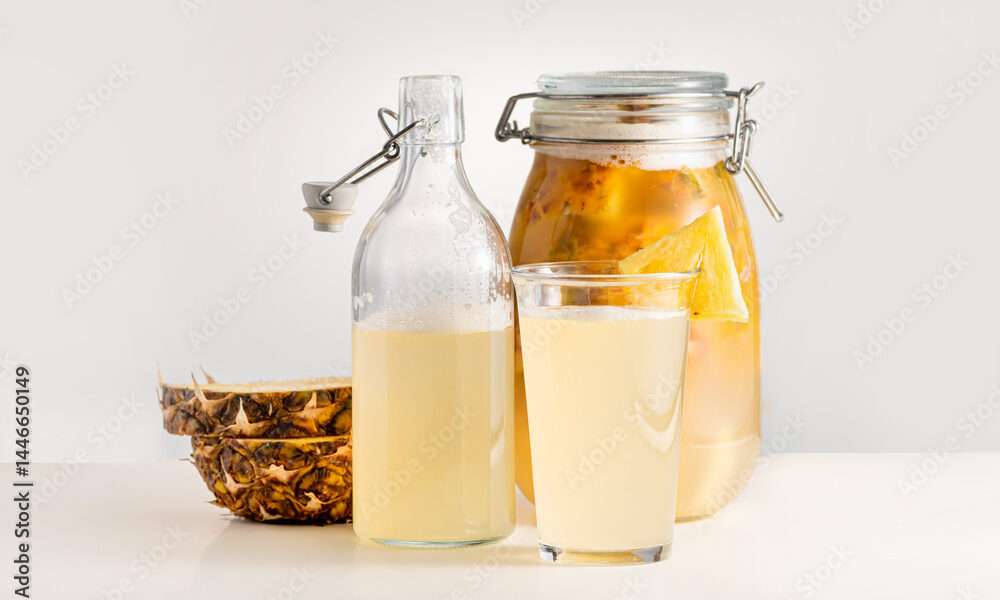 A glass of pineapple kombucha, inspired by the flavour of the year, sits before a clear bottle and a jar of pineapple pieces and liquid. A pineapple rind rests nearby on a white surface against a light background. A glass of pineapple kombucha, inspired by the flavour of the year, sits before a clear bottle and a jar of pineapple pieces and liquid. A pineapple rind rests nearby on a white surface against a light background.