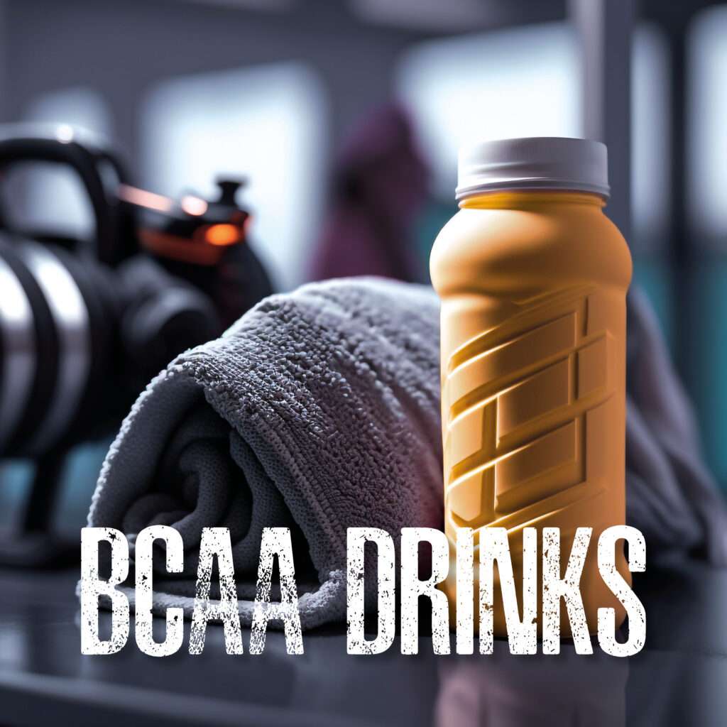 A yellow sports bottle sits on a gym towel near workout equipment, with the bold text "BCAA DRINKS" overlaid at the bottom of the image.