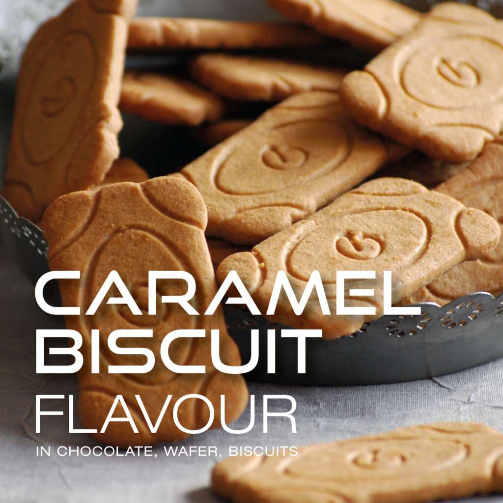 A bowl filled with rectangular caramel biscuits featuring a bear face design, with the text "Caramel Biscuit Flavour in chocolate, wafer, biscuits" overlaid on the image.