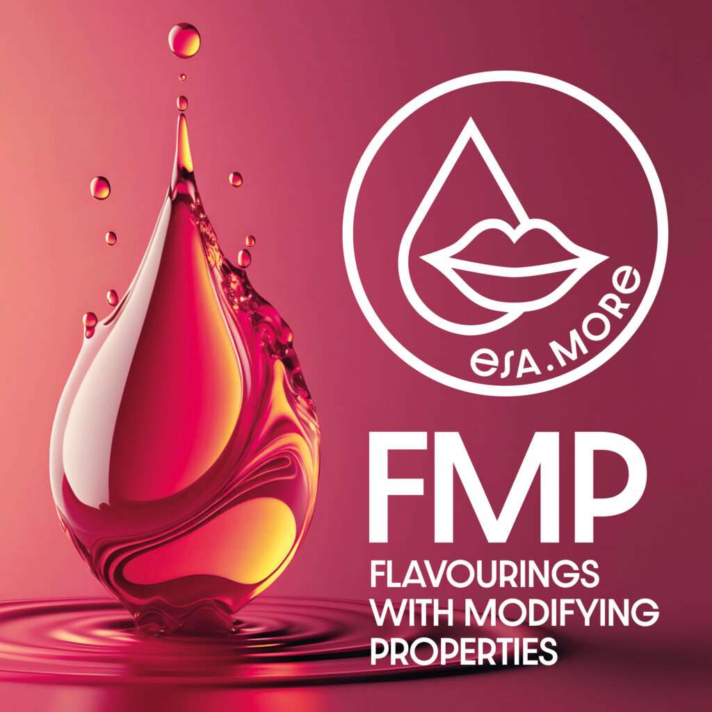 A glossy, pink tinted liquid drop with a stylized lips and droplet logo beside it. Text reads: "FMP Flavourings With Modifying Properties" and "ESA.MORE" on a gradient pink background.