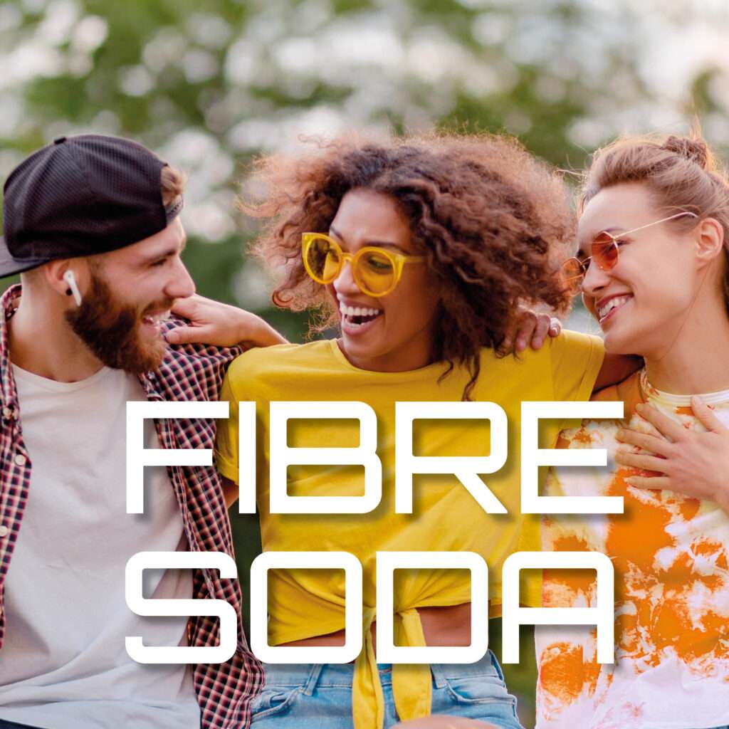 Three smiling friends stand close together outdoors, wearing casual summer clothes and sunglasses. Large white text on the image reads "FIBRE SODA.