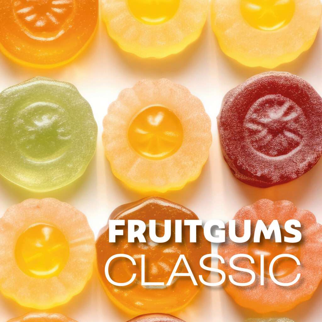 A close up of colorful fruit flavored gum candies arranged in neat rows, with the text "FRUITGUMS CLASSIC" overlaid in bold white letters.