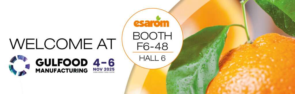 Banner for Gulfood Manufacturing event, November 4 6, 2025, at Dubai World Trade Centre. Text welcomes visitors to Esarom at Booth F6 48, Hall 6, with a close up image of an orange with leaves.