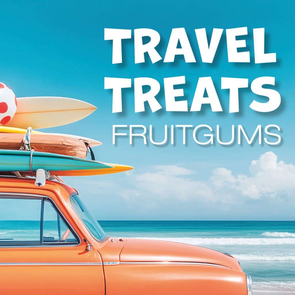 An orange car with surfboards on the roof is parked by the ocean under a bright blue sky. The text reads: "TRAVEL TREATS FRUITGUMS.