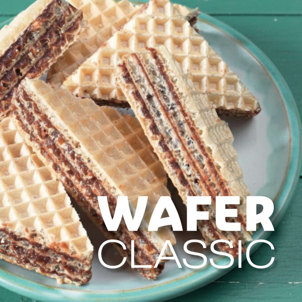 A plate of triangular chocolate wafer biscuits is displayed on a green surface. The words "WAFER CLASSIC" are written in bold white text over the image.