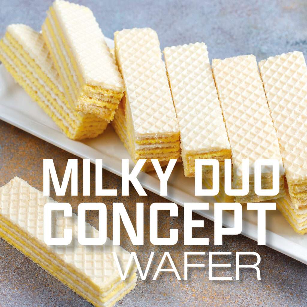 Several light colored, layered wafer biscuits are neatly arranged on a rectangular white plate, with the text "MILKY DUO CONCEPT WAFER" prominently displayed across the image.