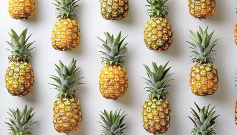 Several fresh pineapples, the flavour of the year, are arranged in neat, evenly spaced rows on a white background, with alternating orientations; some upright and others upside down.