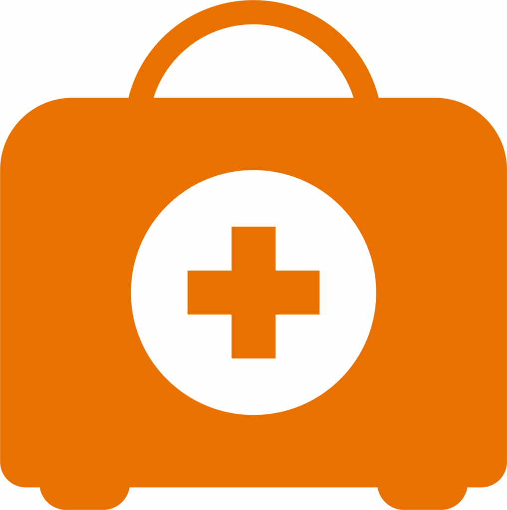 An orange medical kit icon with a white cross inside a white circle in the center, symbolizing healthcare or first aid.