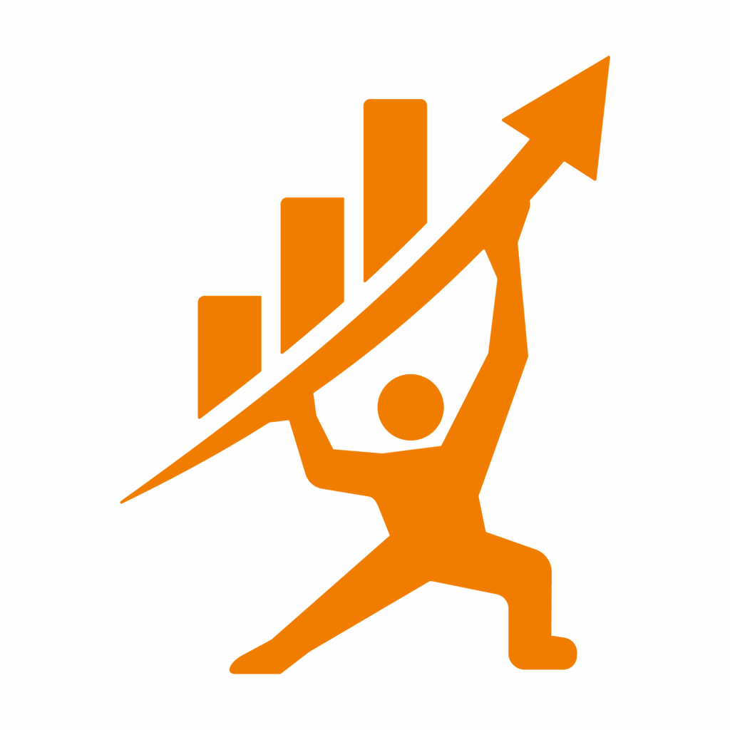 An orange silhouette of a person lifting an upward pointing arrow, with a bar chart in the background showing increasing bars, symbolizes growth and success in Produktionslogistik.