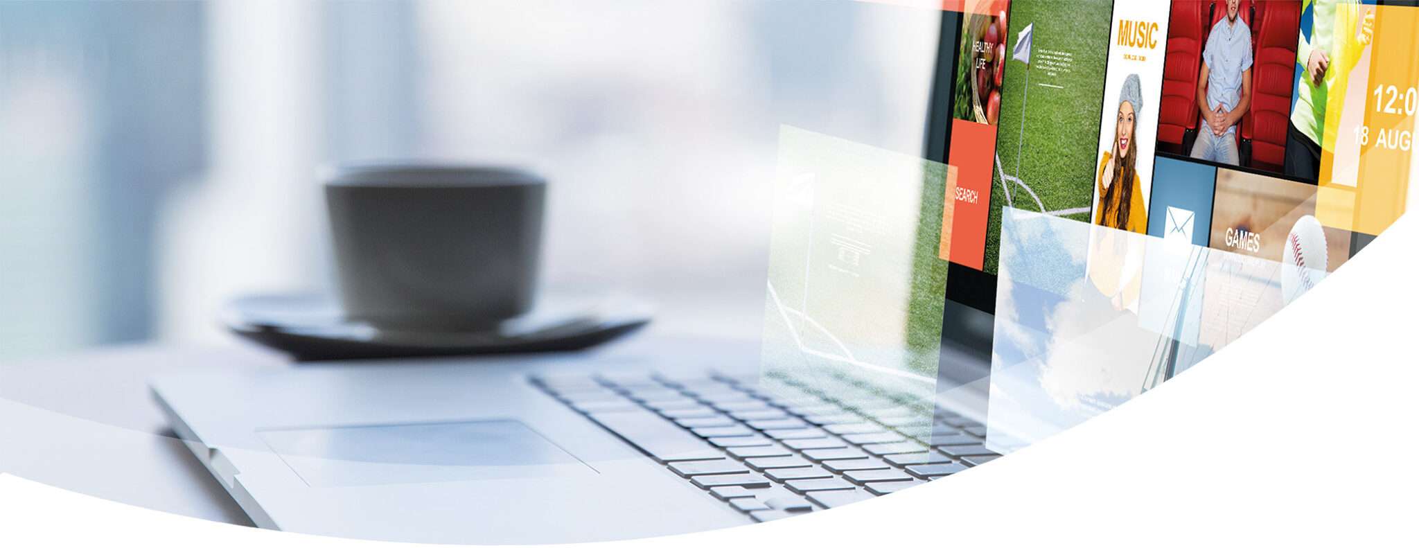 A blurred coffee cup and saucer sit beside an open laptop, with colorful digital media thumbnails and icons overlaid, evoking News & Trends in the beverage and food industry on the screen.