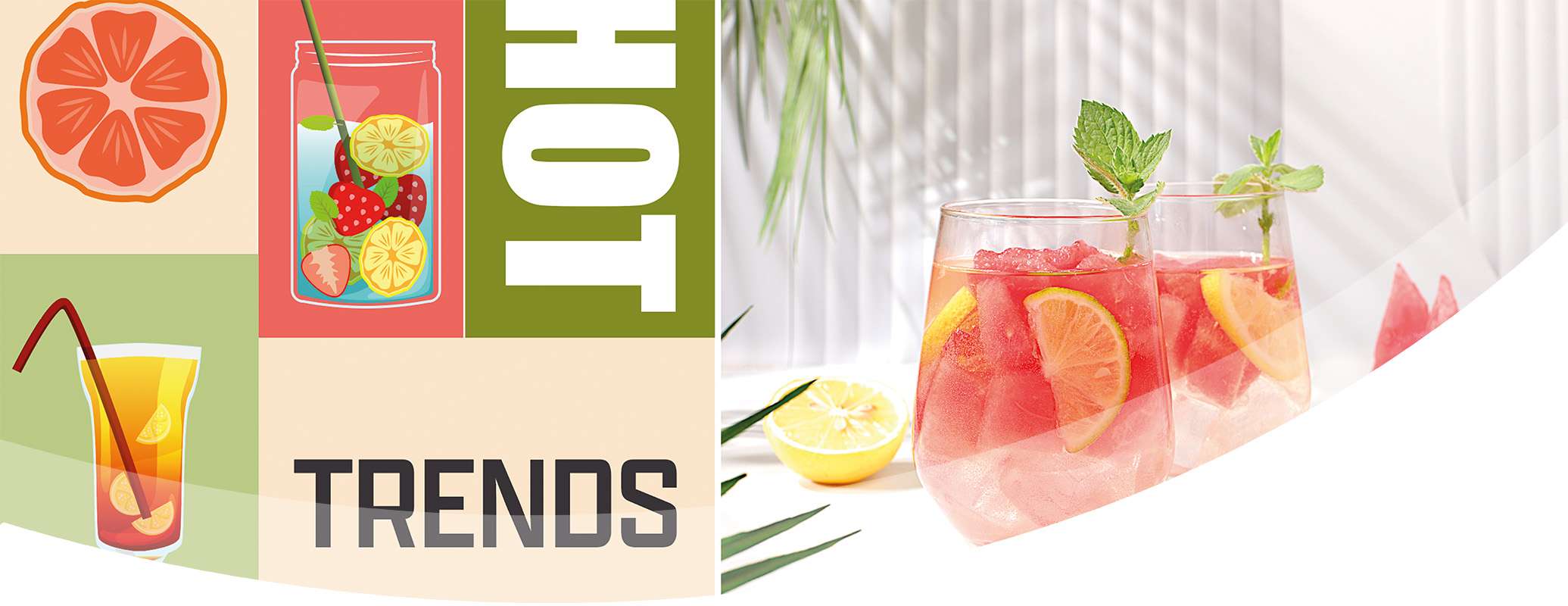 Colorful graphic with sliced fruits, a mason jar of fruit infused water, and the words "HOT TRENDS" beside two glasses of pink fruit drink with lemon slices and mint, highlighting the latest refreshing beverage trends.