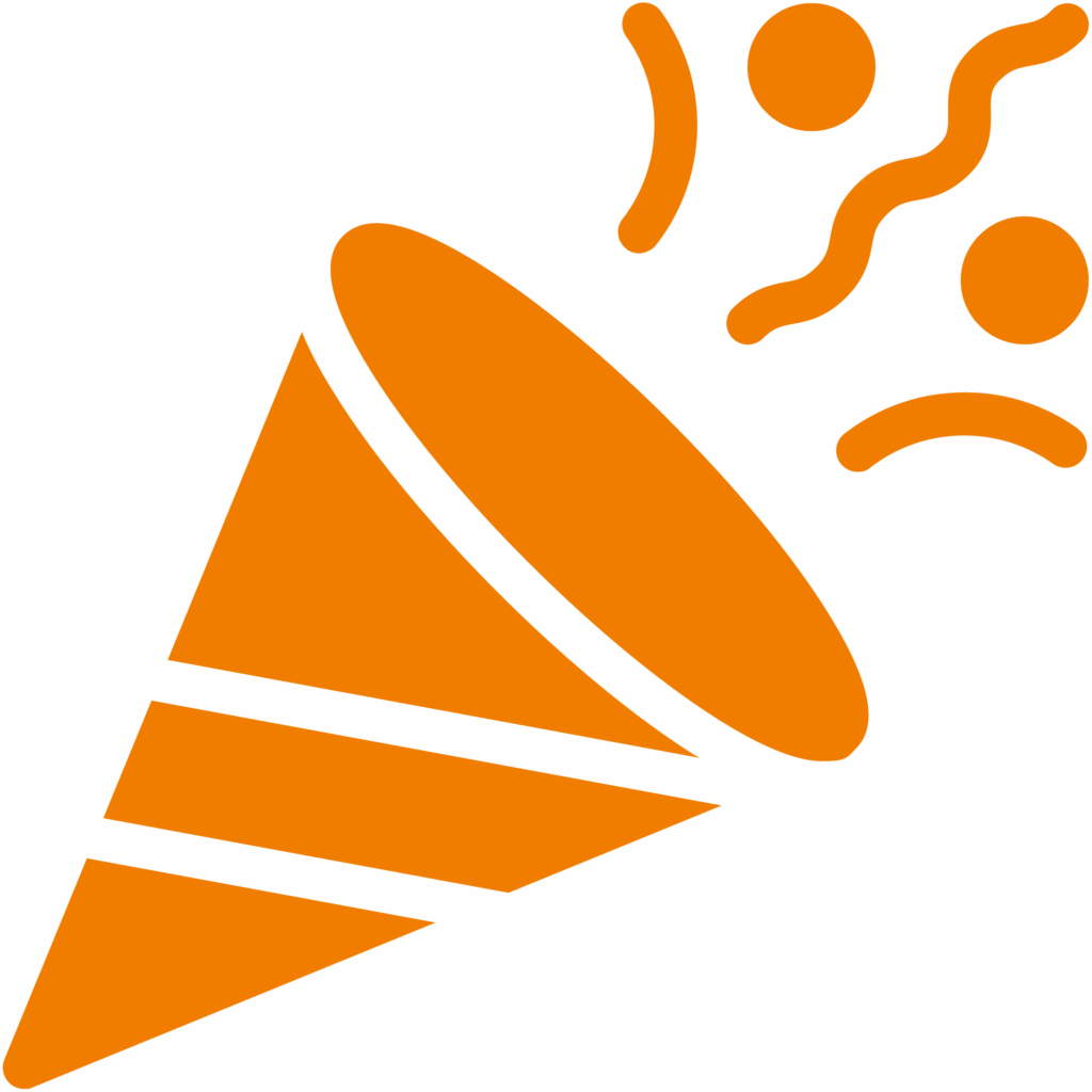 An orange party popper icon releasing confetti and streamers, symbolizing celebration or festivity in the context of Produktionslogistik, on a white background.