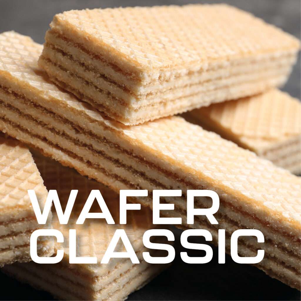 A close-up of several rectangular, layered vanilla wafer cookies stacked together, with the text "Wafer Classic" written in bold white letters in the foreground.