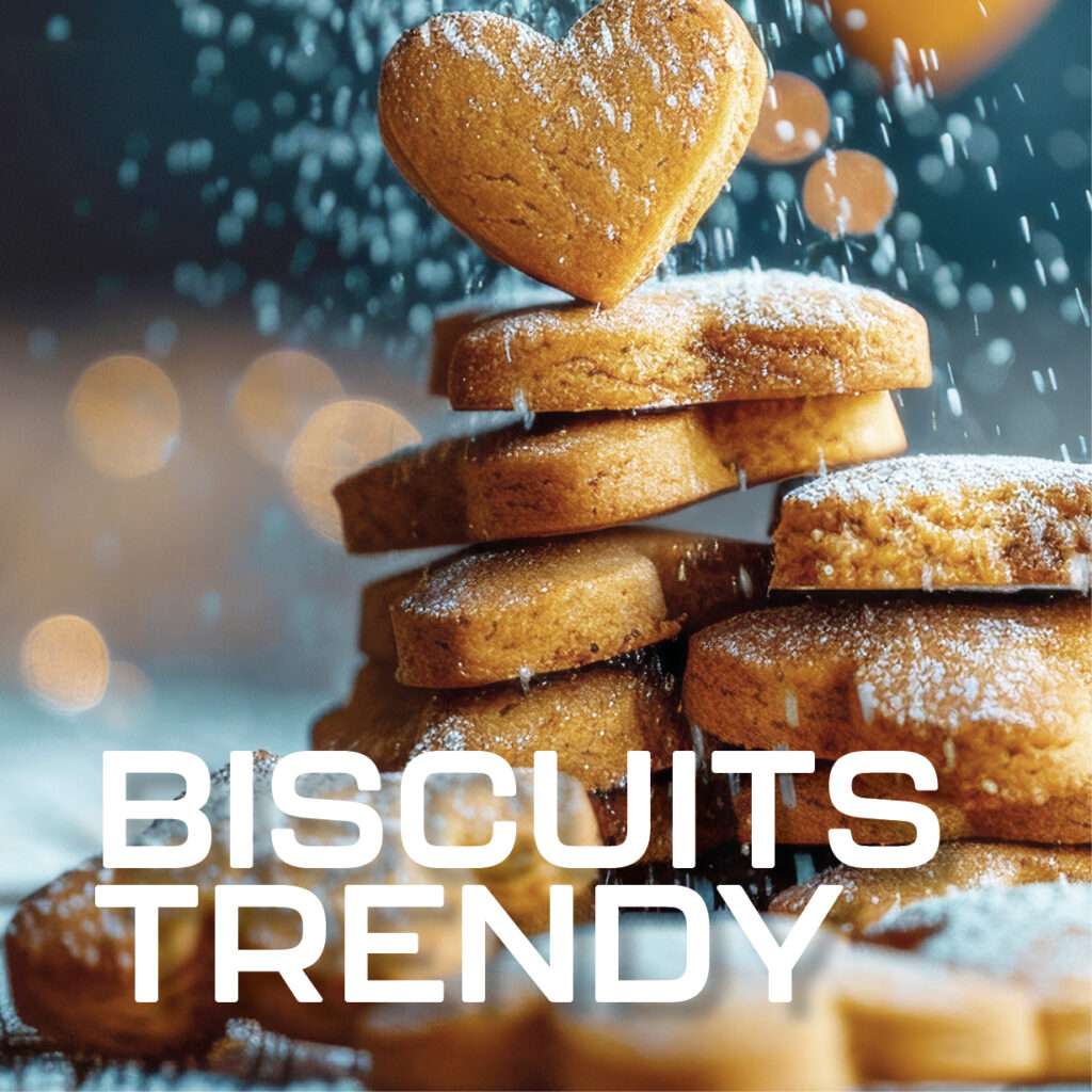 A stack of square biscuits topped with a heart shaped biscuit, dusted with powdered sugar. Warm bokeh lights blur in the background. The words “BISCUITS TRENDY” appear in bold white text at the bottom.