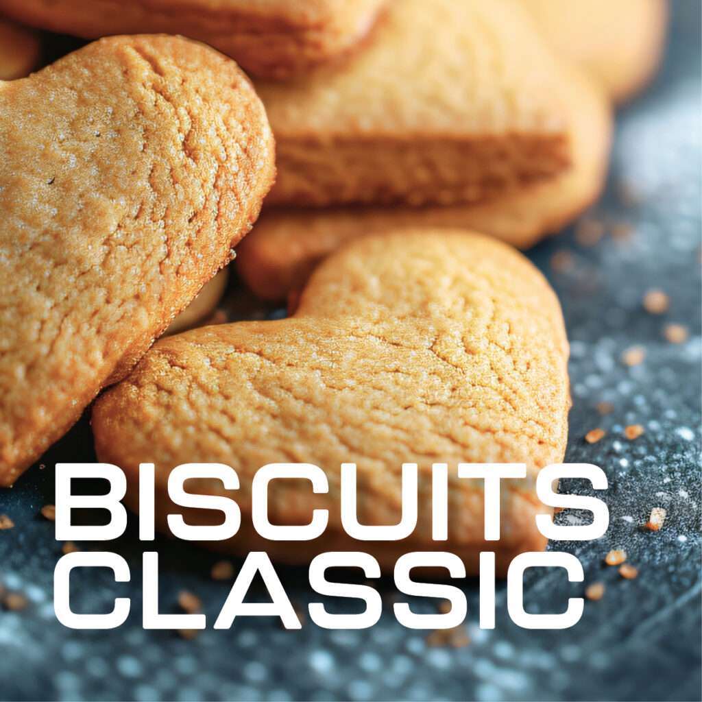 Heart shaped biscuits dusted with sugar, arranged on a textured surface with scattered crumbs. The bold white text "BISCUITS CLASSIC" is overlaid at the bottom of the image.
