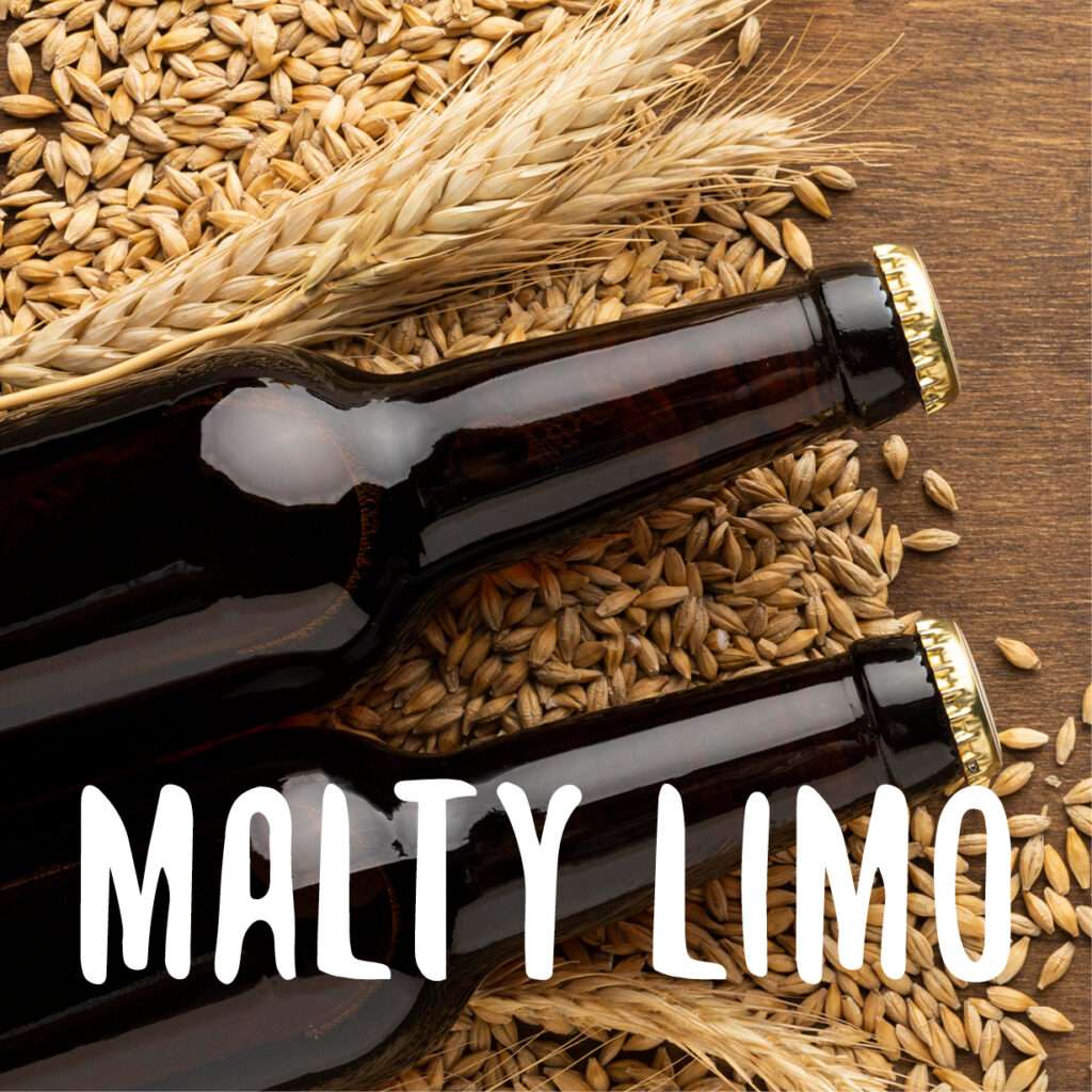 Two dark glass bottles with gold caps lie on a wooden surface surrounded by barley grains and wheat stalks. The words "MALTY LIMO" are written in bold white letters in the bottom right corner.