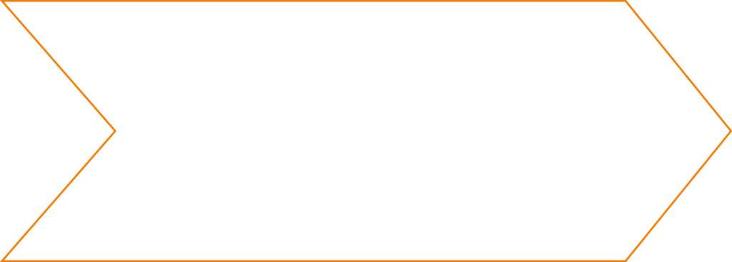 A white, empty hexagon with an orange outline, featuring two parallel vertical sides and angled edges, resembles a stylized arrow pointing right—ideal for Bewerbung graphics or directional icons in application materials.