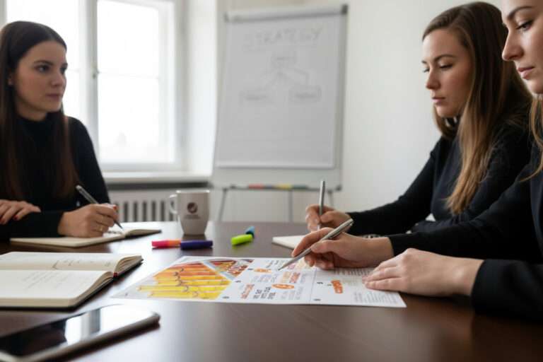 Three women sit around a table in an office, reviewing colorful marketing charts and taking notes. In the background, a blurred flip chart labeled "STRATEGY" is visible. Markers and a mug are also on the table.