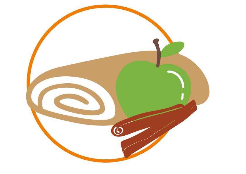 A stylized illustration of a cinnamon roll, a green apple, and two cinnamon sticks captures the essence of flavour, all outlined by an orange circle on a white background.