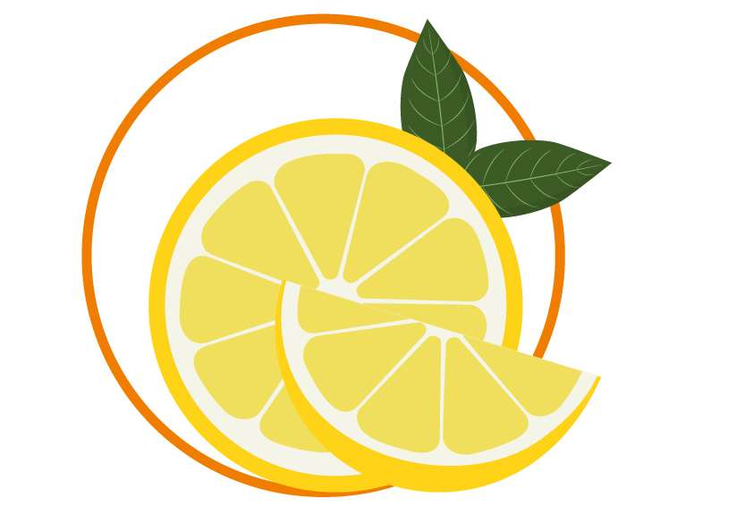 Illustration of a lemon slice and a smaller wedge, with two green leaves and orange circles in the background, capturing the fresh flavour on a white surface.