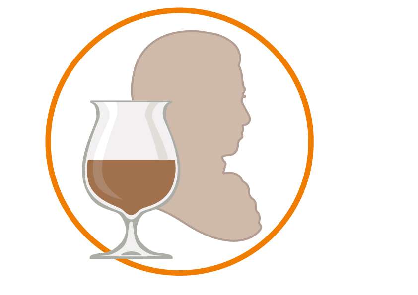 A brown liquid, rich in flavour, sits in a snifter glass before a beige silhouette of a person's side profile, all enclosed within an orange circle on a white background.