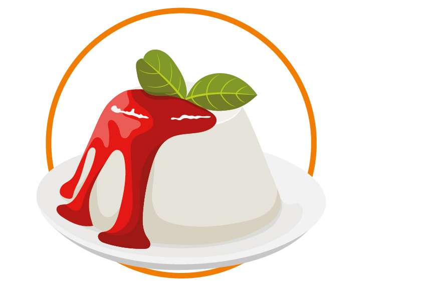 A white dessert, likely panna cotta, bursting with delicate flavour, is topped with red syrup and garnished with two green leaves. It sits on a white plate with an orange circle in the background.