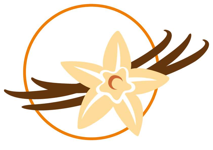 Stylized illustration of a vanilla flower in pale yellow and cream, over two brown vanilla pods, evokes the delicate flavour of vanilla, all framed by an orange circle on a white background.