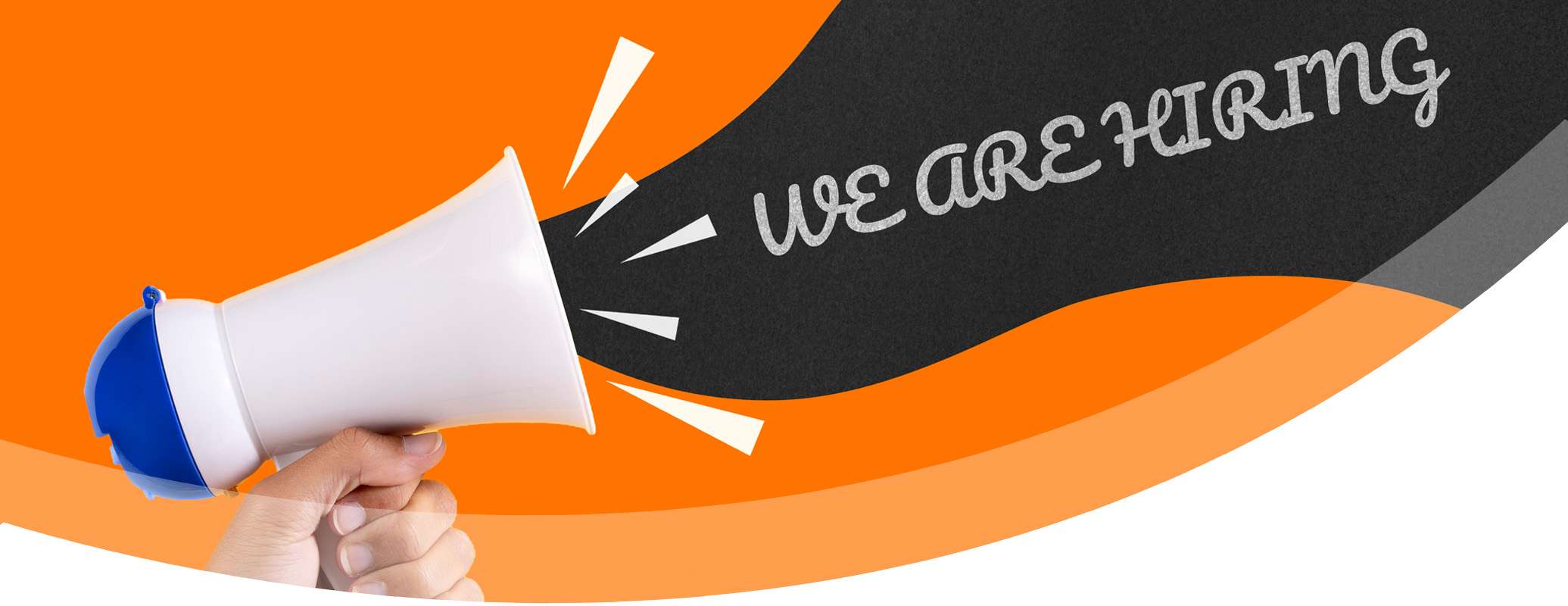 A hand holds a white megaphone with blue accents, emitting black sound waves and the words "WE ARE HIRING – offene Stellen" on an orange and gray abstract background.