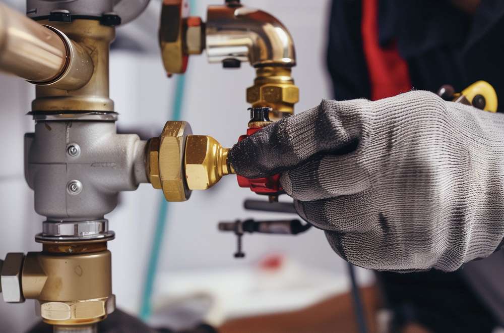 A person wearing a gray work glove adjusts a red valve on a complex system of brass and metal plumbing pipes.