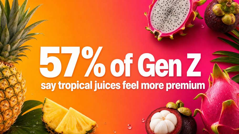 Colorful image with pineapples, dragon fruit, mangosteen, and tropical leaves. Bold text reads: “57% of Gen Z say tropical juices feel more premium” on a pink orange gradient background, highlighting the appeal of vibrant flavour experiences.