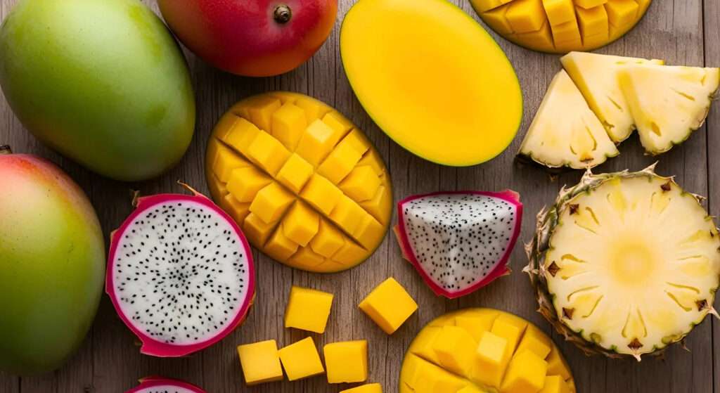 A colorful assortment of tropical fruits, including sliced mangoes, dragon fruit, pineapple, and whole mangoes, is arranged on a wooden surface. The display features some mangoes and dragon fruits cut into cubes, showcasing their vibrant colors and inviting flavour.