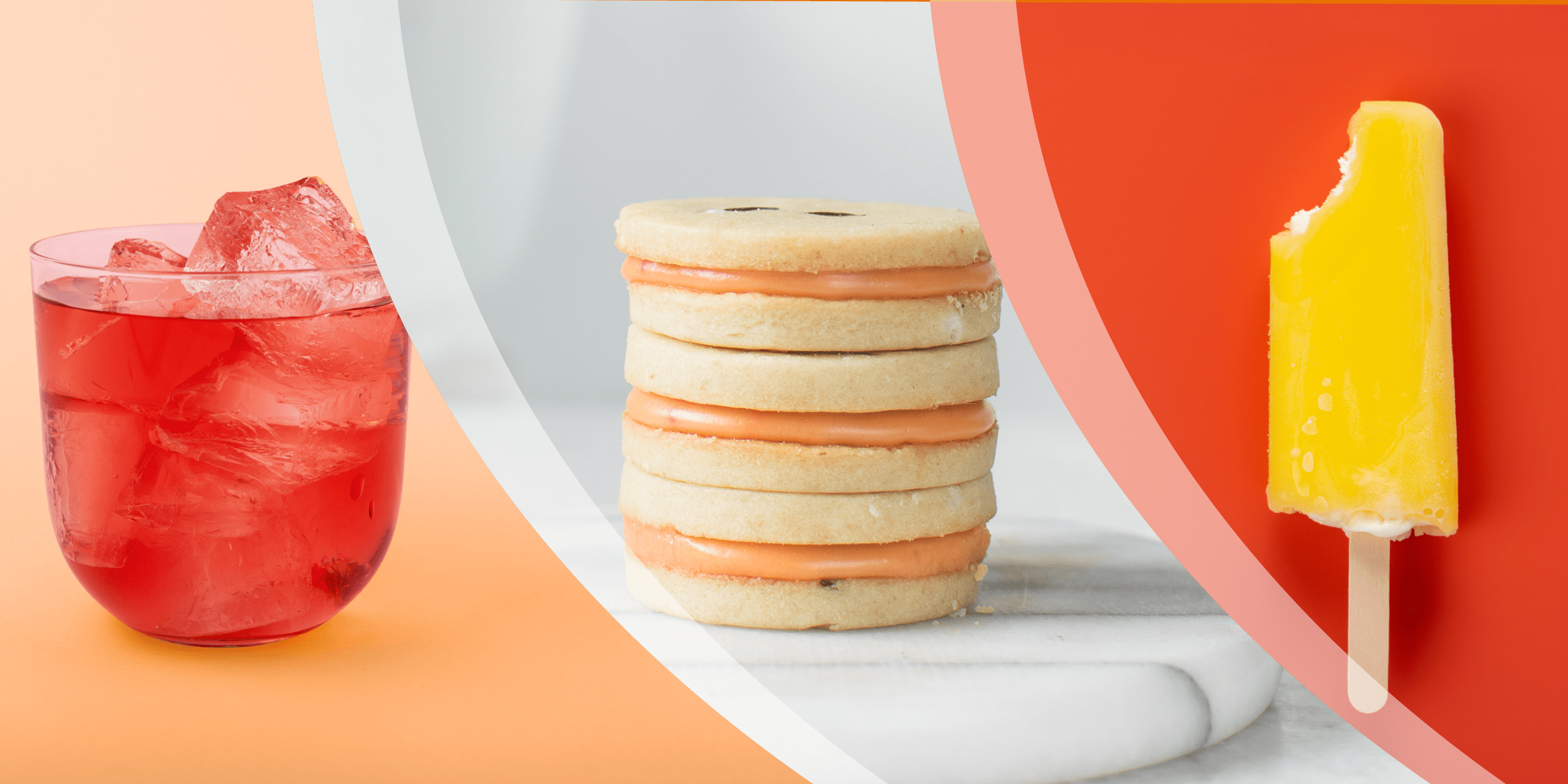 A red drink with ice, a stack of sandwich cookies with orange filling, and a yellow popsicle are displayed on a colorful, curved background.