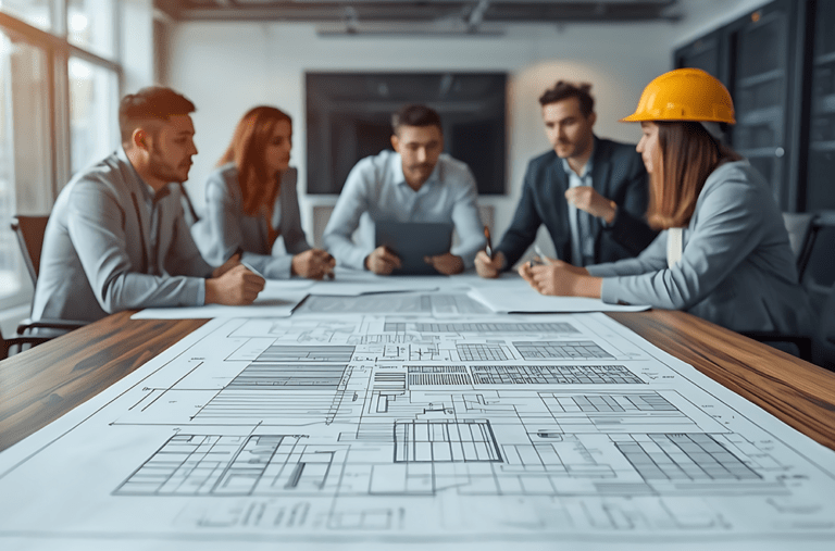 Five professionals, one wearing a yellow safety helmet, sit around a table discussing architectural blueprints in a modern office. The focus is on the detailed plans spread across the table.