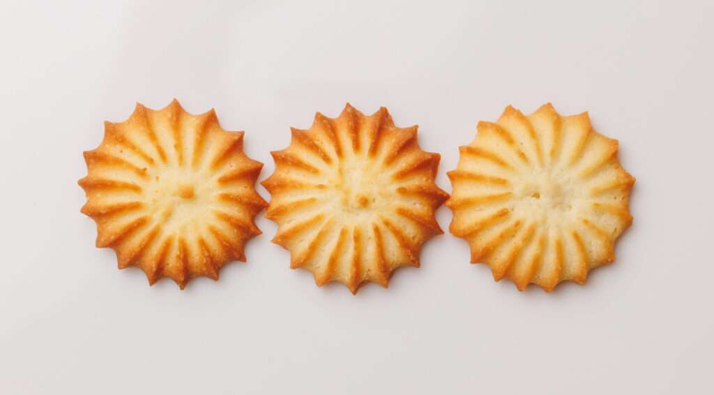 Three golden brown, star shaped cookies—each promising a delightful burst of flavour—are arranged in a row on a plain white background.