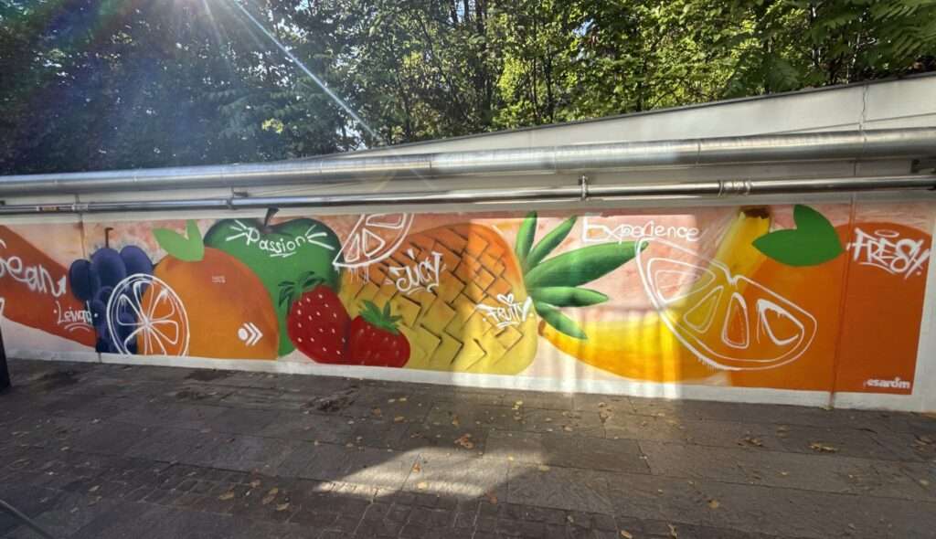 Ein farbenfrohes Wandbild zeigt verschiedene Früchte, darunter Orangen, Heidelbeeren, Erdbeeren, Ananas, Bananen und Limetten, zwischen denen Wörter wie „Leidenschaft“, „Sonnig“ und „Erlebnis“ zu lesen sind – und verleiht dem kürzlich in den Nachrichten vorgestellten esarom Lehrlingsevent eine lebendige Note.